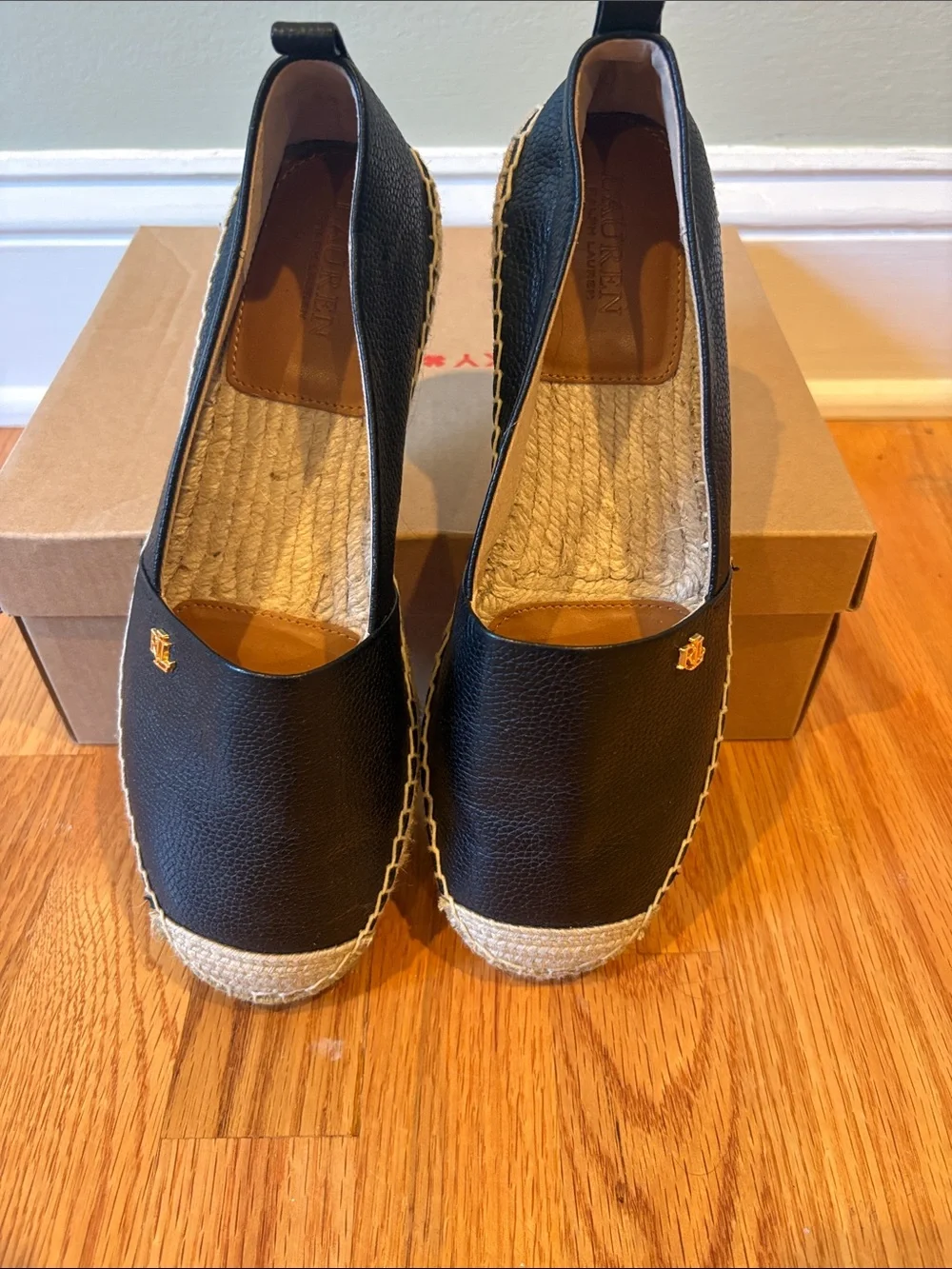 Ralph Lauren Black Leather Espadrille Wedge Slip-Ons